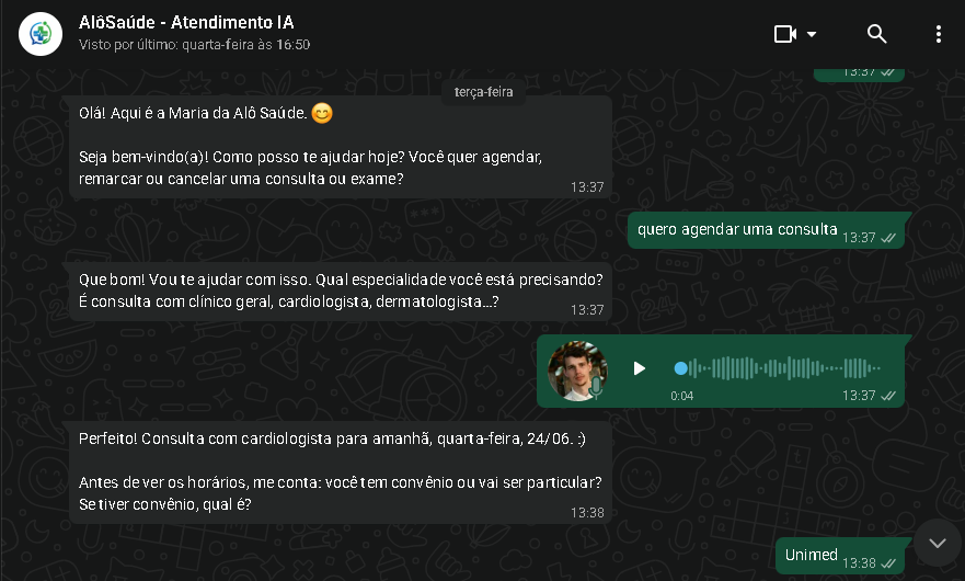 Conversa de agente de IA no WhatsApp agendando consulta médica
